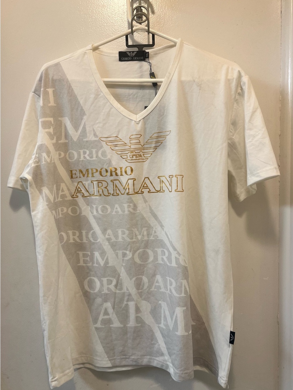 Giorgio Armani White V-Neck Tee with Gold Logo
